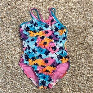 Speedo Girls Youth XS 5/6 Swimsuit - Blue Palm Trees One Piece NWOT